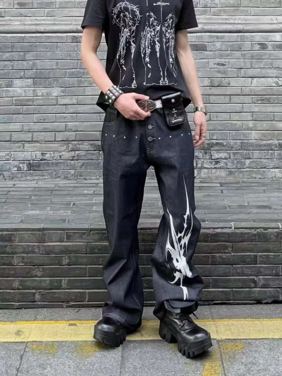 Men's Fashion Print Black Punk Jeans Casual Pants Street Boys Bottom Wide Legs Sweatpants Male High Waist Unisex Trousers