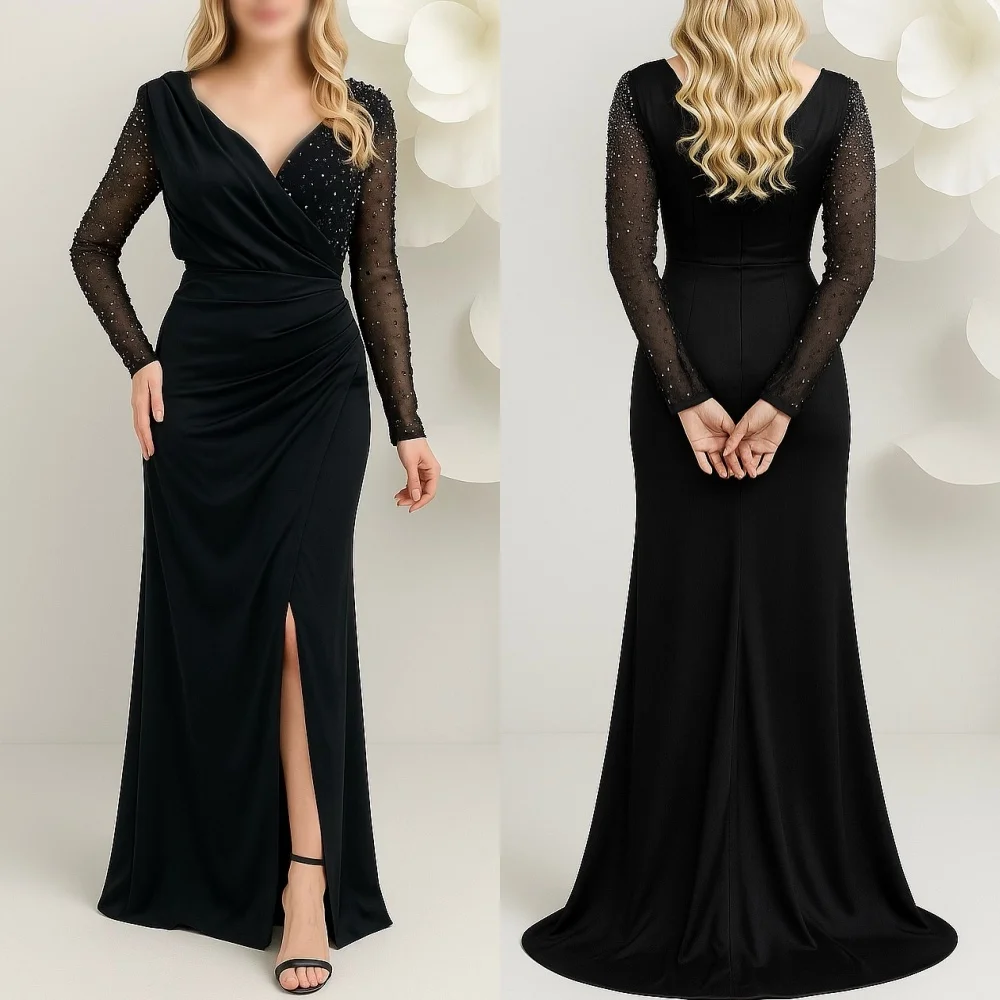 

Customized Intricate Sparkle Draped Beading Sequined Straight V-neck Long Dresses Bespoke Occasion Dresses Elegant Exquisite