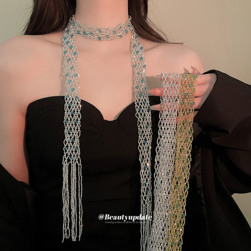 

New European American Style Beaded Tassel Silk Scarf Necklace Light Luxury High-End Sweater Chain Niche Choker Women Simple Gift