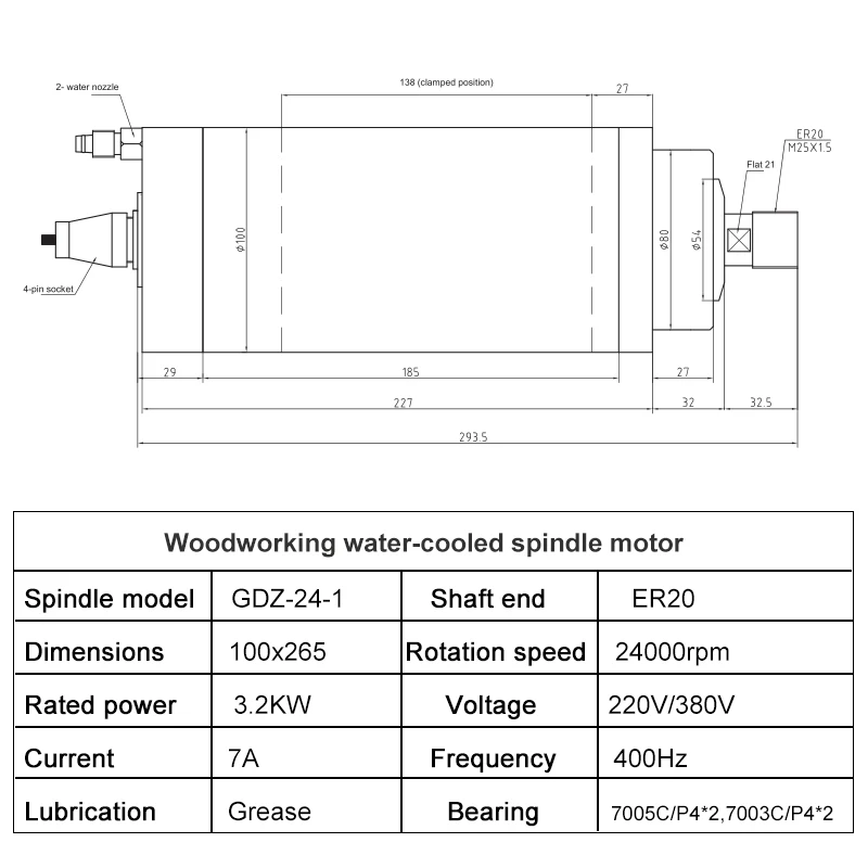 CNC Spindle 3.2kw 220V 380V Water Cooling Spindle Motor ER20 Chuck Φ100x265mm 24000rpm 4 Bearings For CNC Router Wood Carving