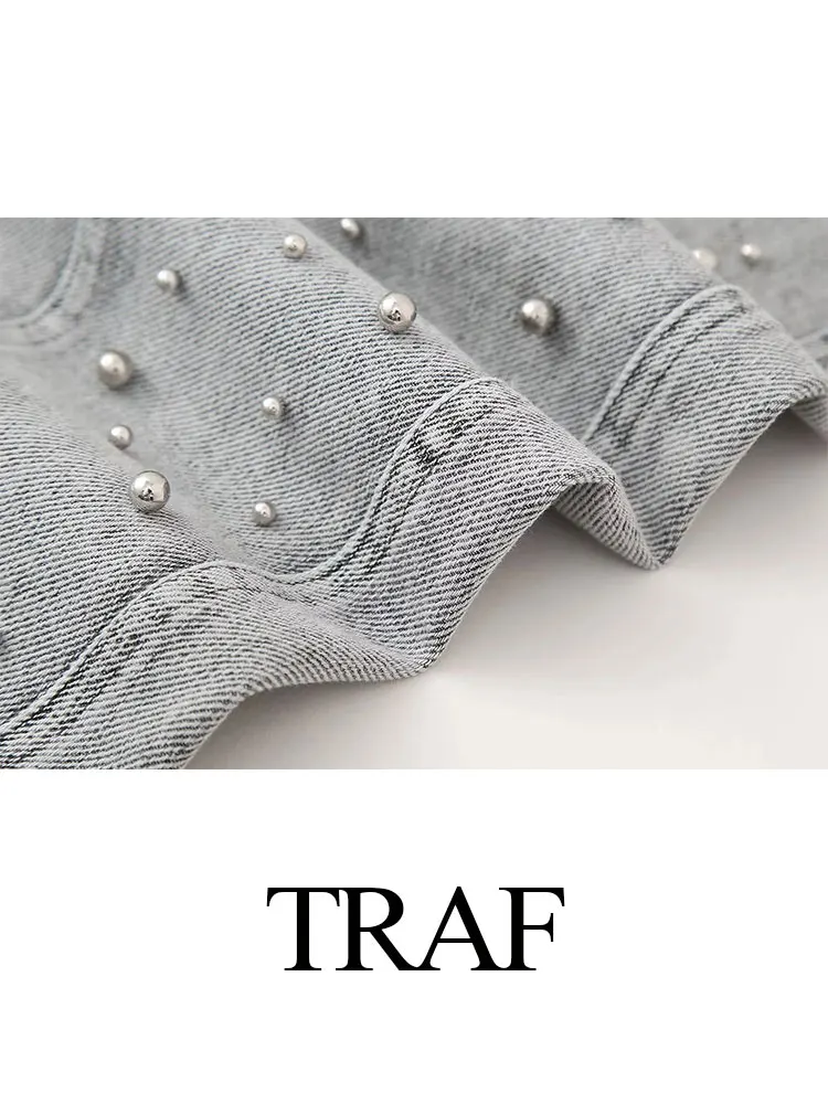 TRAF-abrigo de mezclilla para mujer, chaqueta holgada de un solo pecho con solapa de perlas de imitación, cárdigan Vintage con bolsillo, Primavera