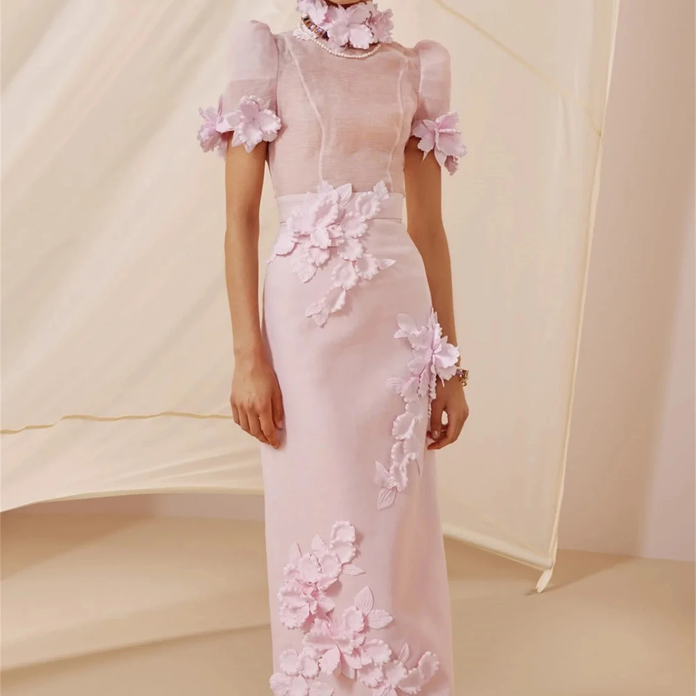 エレガントなピンクのアップリケ付きプロムドレス 女性用 ハイネック 半袖 ストレート フォーマルパーティードレス فساتين سهرة カスタマイズ可能