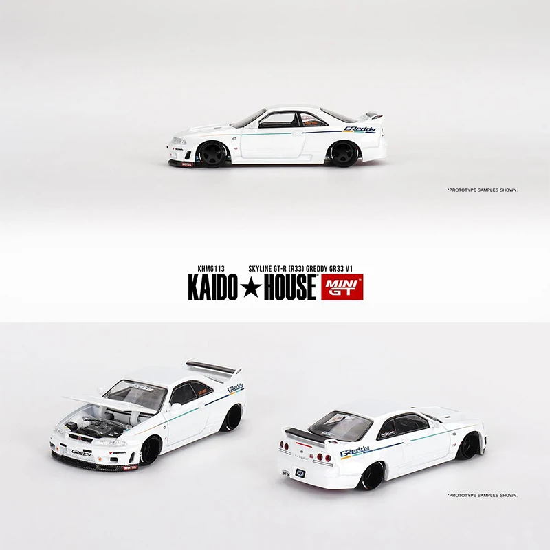 MINIGT KHMG113 In Stock 1:64 Skyline GTR R33 Greddy GR33 WHITE Openable Hood Diecast Diorama Car Model Kaido House