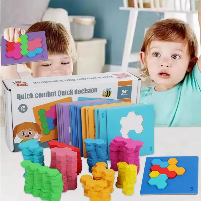 Puzzle segi enam kayu menyenangkan warna-warni kayu teka-teki blok Rusia untuk IQ logika pendidikan papan geometris untuk Nieces nepews Sons