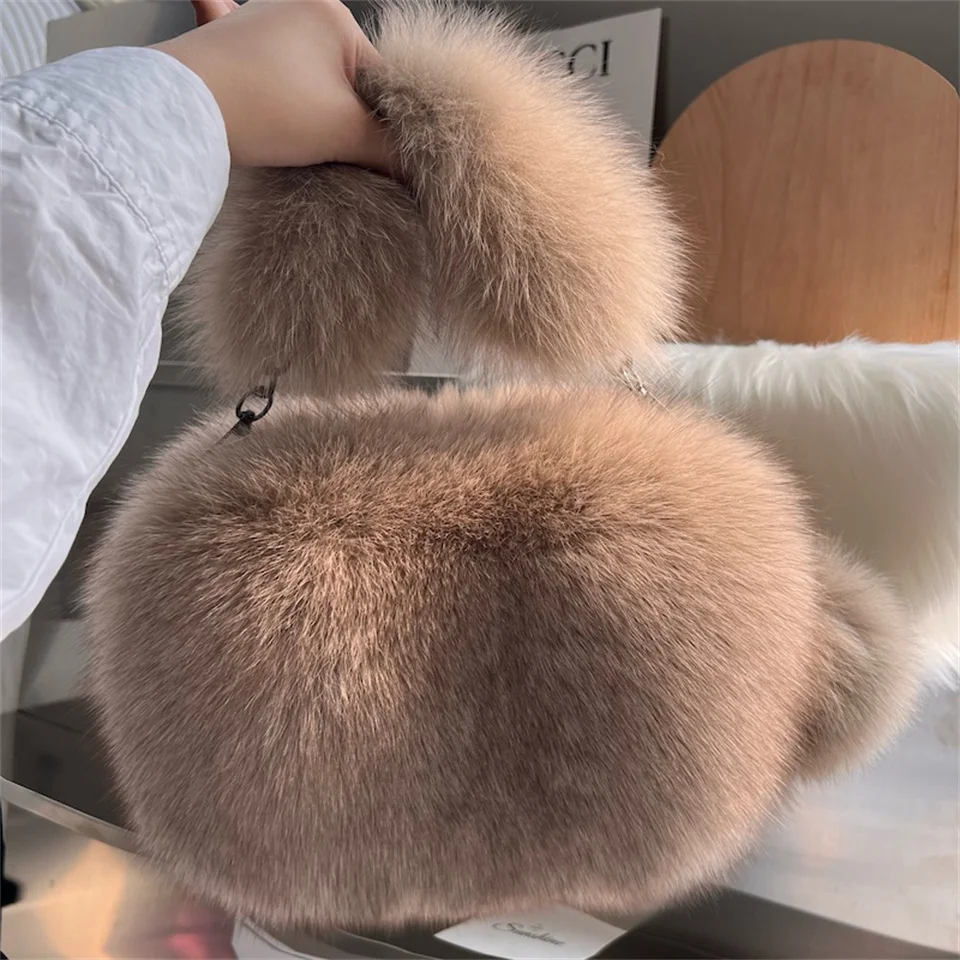 Damen Echtfell-Fuchspelz Kleine Quadratische Tasche Modische Weiche Plüsch-Handtasche Luxuriöse Crossbody-Schultertasche Flauschige Tragetasche für Frauen – Detail 10