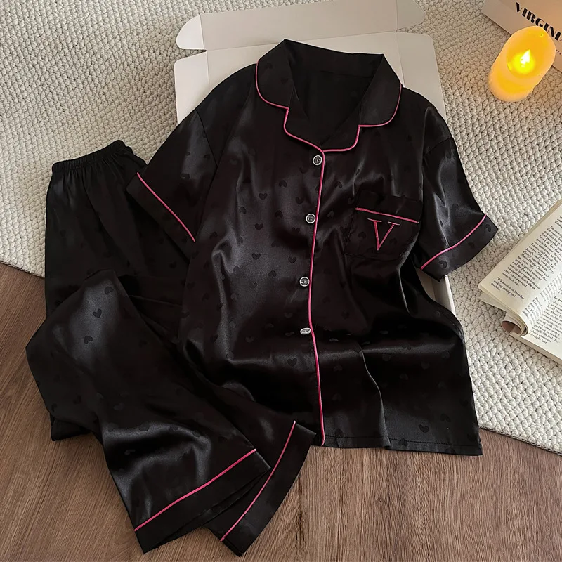 New Summer Women's Floral Pajamas Girls Summer Small Fresh Short-Sleeved Trousers Ice Silk Satin Homewear Suit Actual Photos image 3