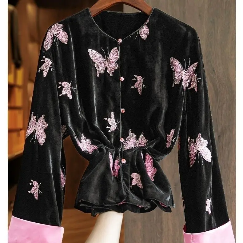 Spring Fall 2025 New Chinese Tang Costume Women Embroidery Glitters Butterfly Patchwork Black Velvet Coat , Woman Velour Coats