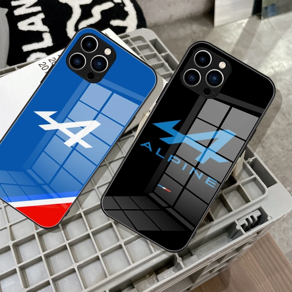 Alpine Logo Tricolor French Flag Phone Case Tempered Glass For IPhone 15 14 11 12 Pro 8 7 14 15 Plus 13 14 Pro MAX XR Covers