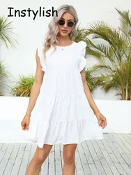 Kobiety w stylu Casual, z falbanami rękaw O szyi luźna sukienka w stylu Vintage Harajuku solidna Mini sukienka Casual impreza na plaży Sundress vestidos 2023