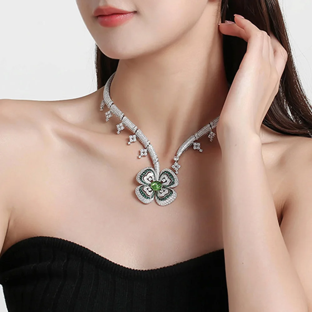 

Luxury Gorgeous Flower Necklace Women's Dance Wedding Accessories Fashion Collar Green AA Zircon Shiny Delicate Girlfriends Gift