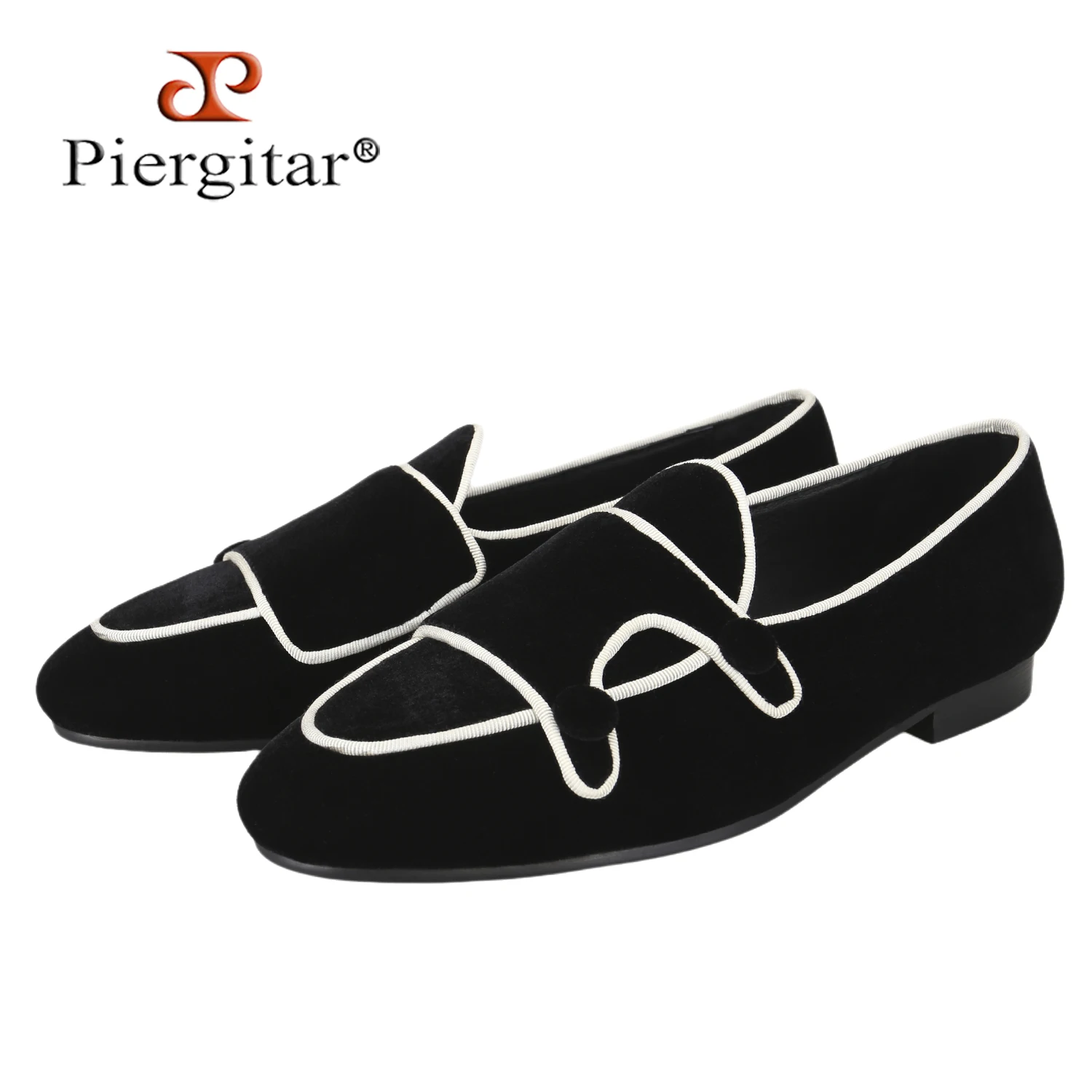 Piergitar Classic Black And Peacock Blue Velvet Double-Monk Men Shoes Luxury Designer Brand Handmade Slip-On Loafers Plus Size