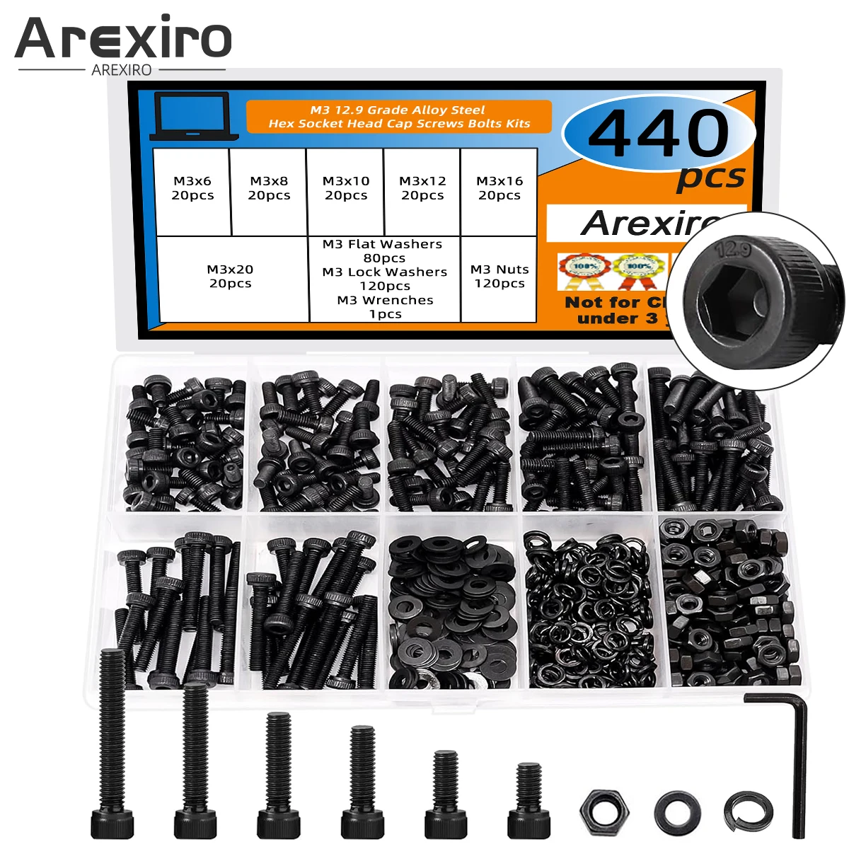 ชุดสกรูเหล็กอัลลอยด์เกรด 12.9 จำนวน 440 ชิ้น ขนาด M3x6/8/10/12/16/20 มม. พร้อมน็อตหัวหกเหลี่ยม แหวนรอง และน็อตแบบรวม