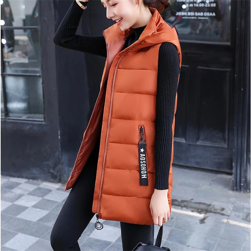 

Long Vests Autumn Winter Women Waistcoat Female Sleeveless Jacket Hooded Warm Thicken Cotton Student Coats Casacas Para Mujer