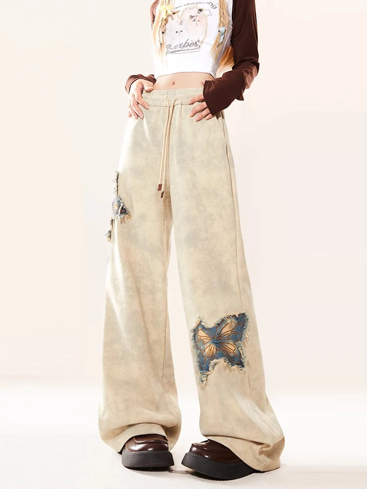 Women High Waist Vintage Straight Pants Autumn New Y2K Casual Pants Streetwear  Butterfly Wide Leg Pants Loose Trouser