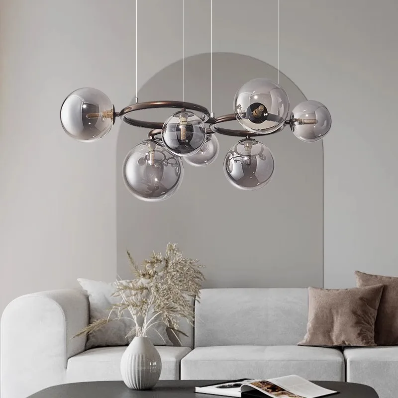 Modern Smoke Gray Round Magic Bean Chandelier, Living Room Bedroom Dining Room Home Decor Lights, LED Simple Gloss Chandelier