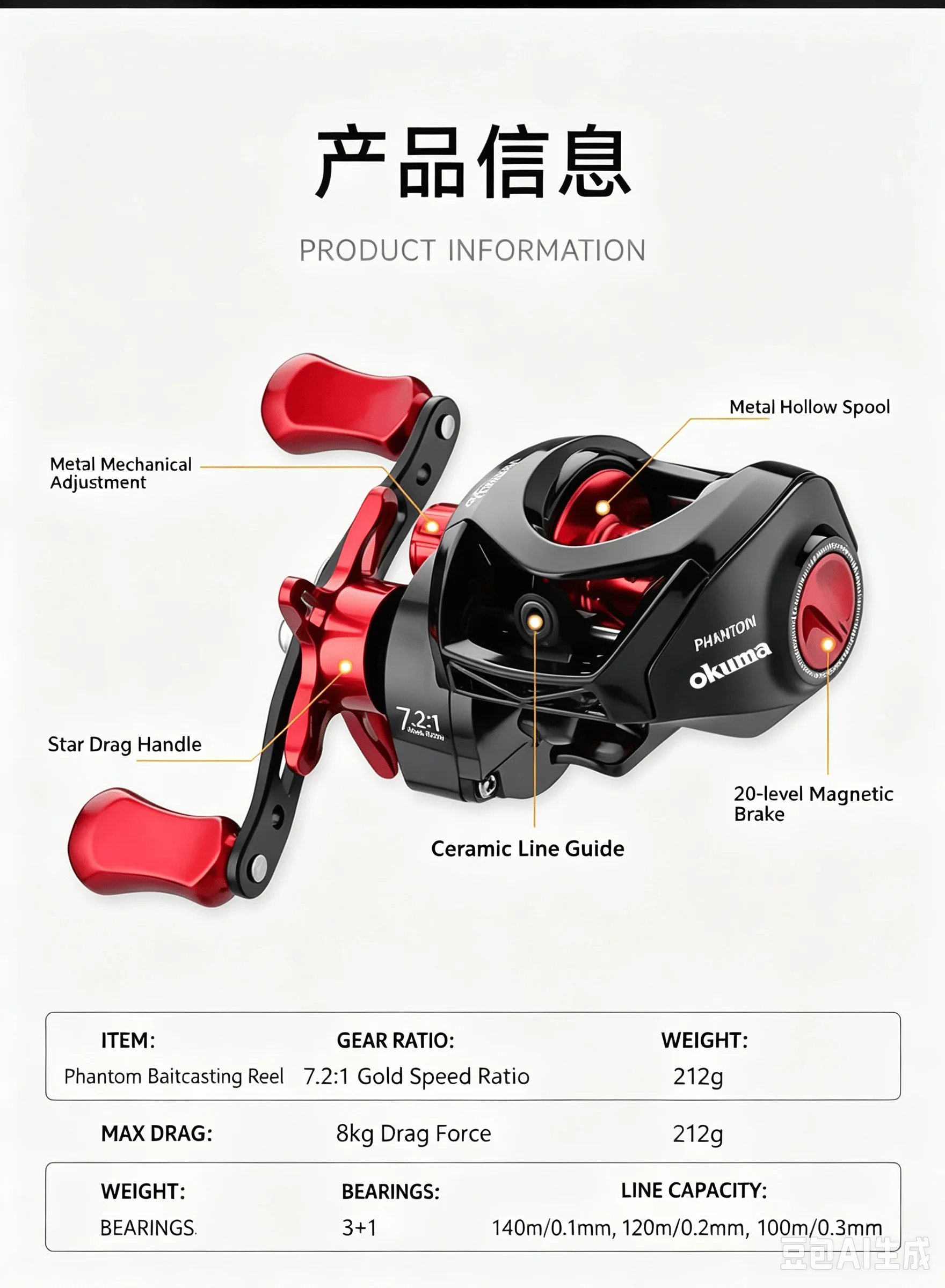 Okuma Baitcaster-Rolle 7.2:1 Hochgeschwindigkeits-3+1-Lager 8KG Max. Bremskraft Magnetbremse Metallspule Flache Angelrolle – Detail 1