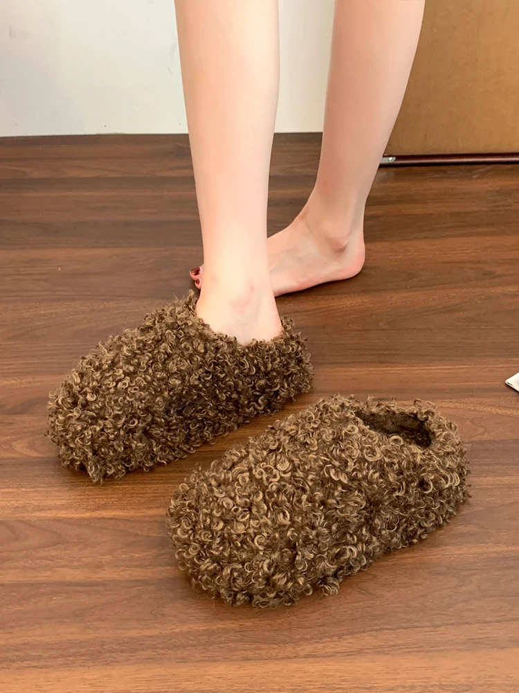 

Women's Furry Slippers Thi Bot Heightening Warm Cotton Slippers Winter Anti-slip Indoor Outdoor Slip-On oes Korean Sle