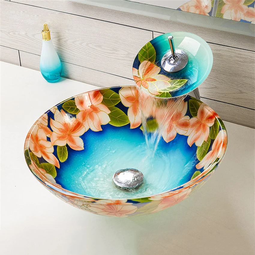 New Chinese style art glass wash basin Hand Painted Bathroom Wash Basin tempered glass balcony wash basin sanitary ware