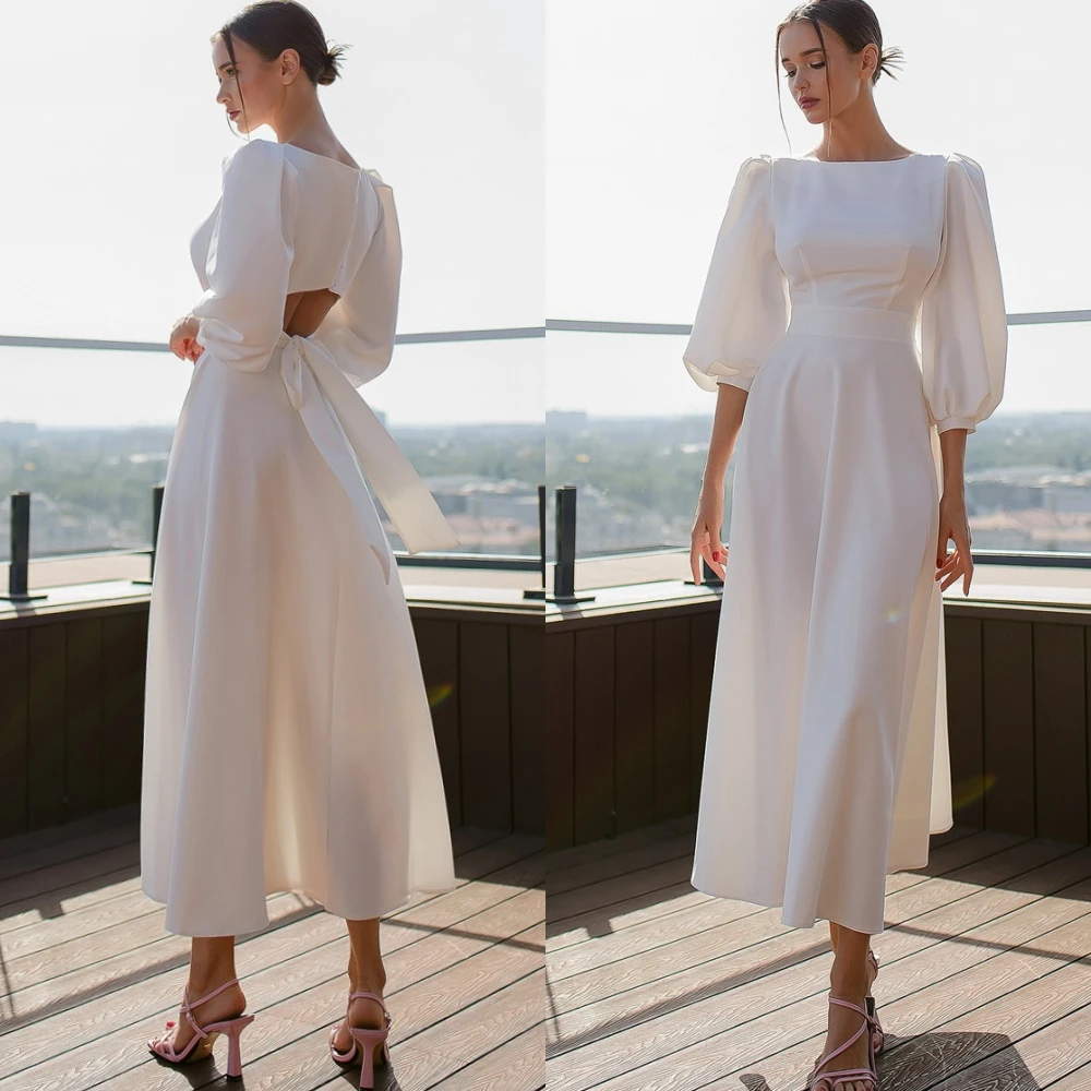 فستان سهرة كلاسيكي أبيض من الجيرسيه مخصص رائع برقبة دائرية 3/4 أكمام فساتين المشاهير الفاخرة للمناسبات الخاصة