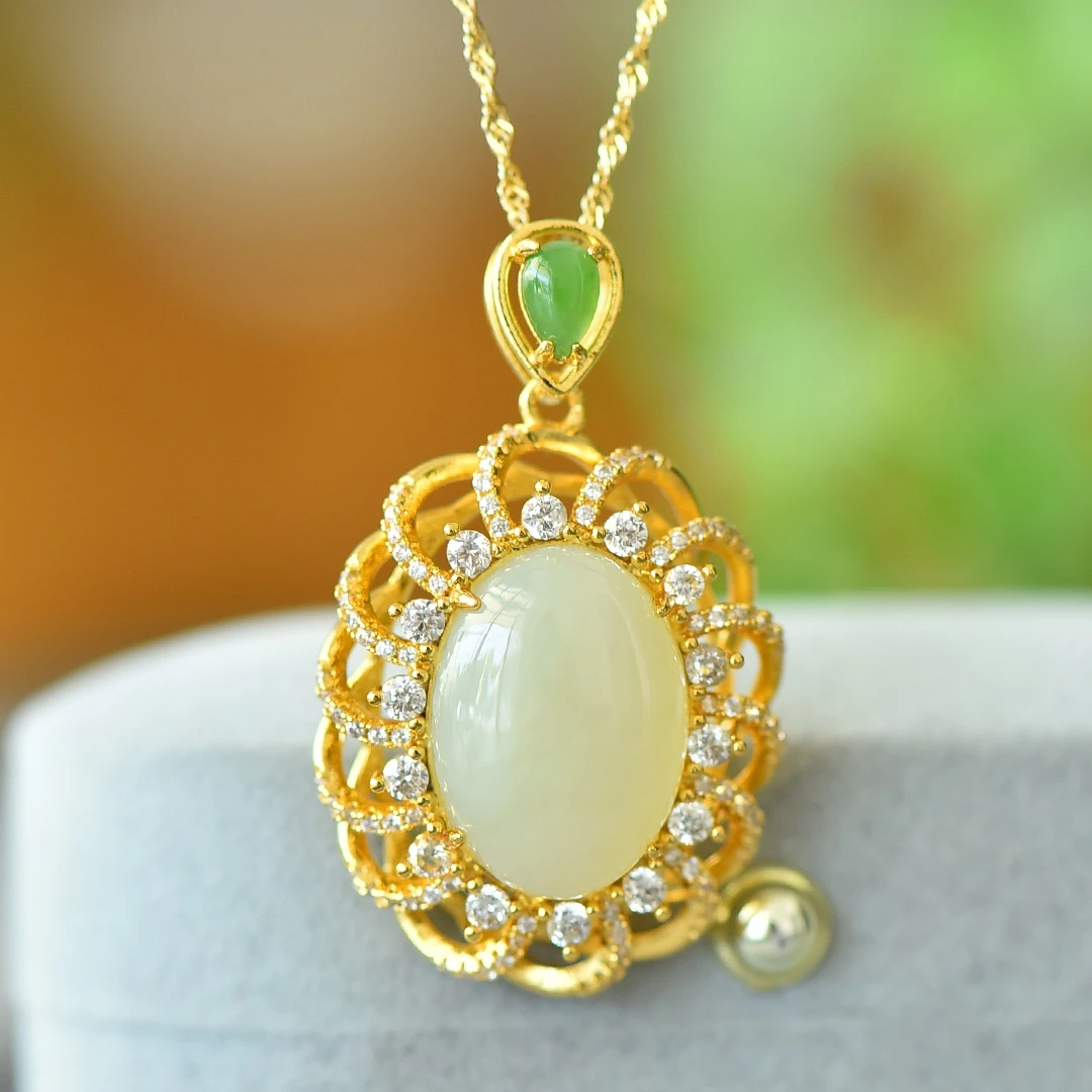 

Natural White Jade Necklace Women Fine Jewelry Genuine Chinese Nephrite Hetian Jade Luxury Zircon Oval Pendant Necklaces
