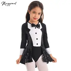 Girls Shiny Sequins Latin Jazz Dance Dress Bowtie Tuxedo Magic Performance Costume Leotard Modern Ballroom Stage Dancewear