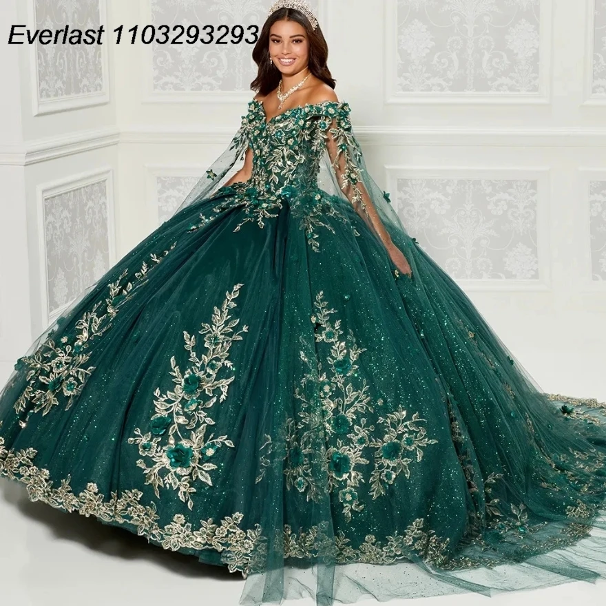 

EVLAST Shiny Emerald Green Quinceanera Dress Ball Gown Gold Lace Applique Beading With Cape Sweet 16 Vestido 15 De Años TQD208