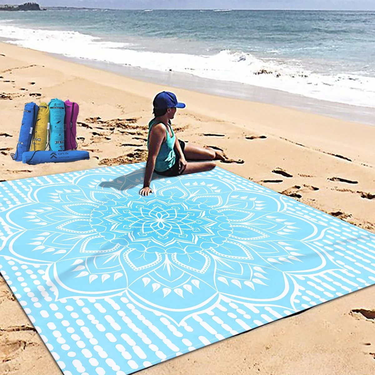 1Pc Light Blue Floral Pattern Design Camping Mat, Outdoor Waterproof and Sandproof Digital Printed Beach Picnic Mat/Beach Towel, Suitable for Outdoor Camping and Picnics