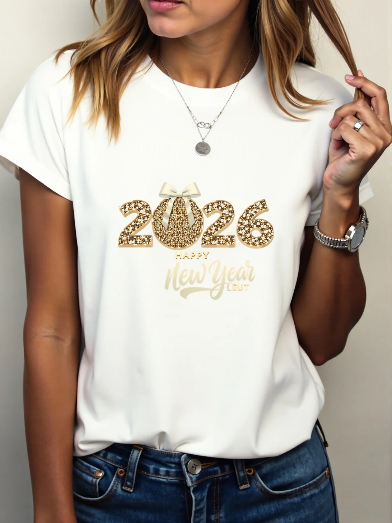 

Women's 2026 New Year Print T-Shirt Sleeve Round Neck Casual Blouse Summer Short Sleeved Harajuku Streetwear Tops Tees