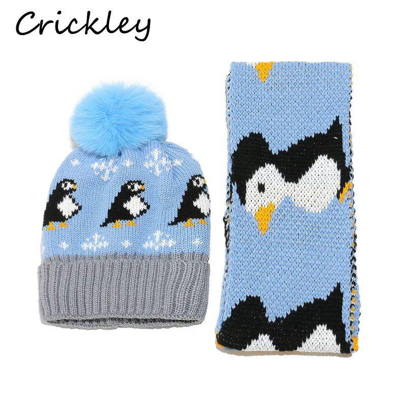 

Cartoon Penguin Kids Hat Scarf Set Winter Pompom Knitted Boys Girls Cute Hat Warm Fleece Soft Children Cap Scarf