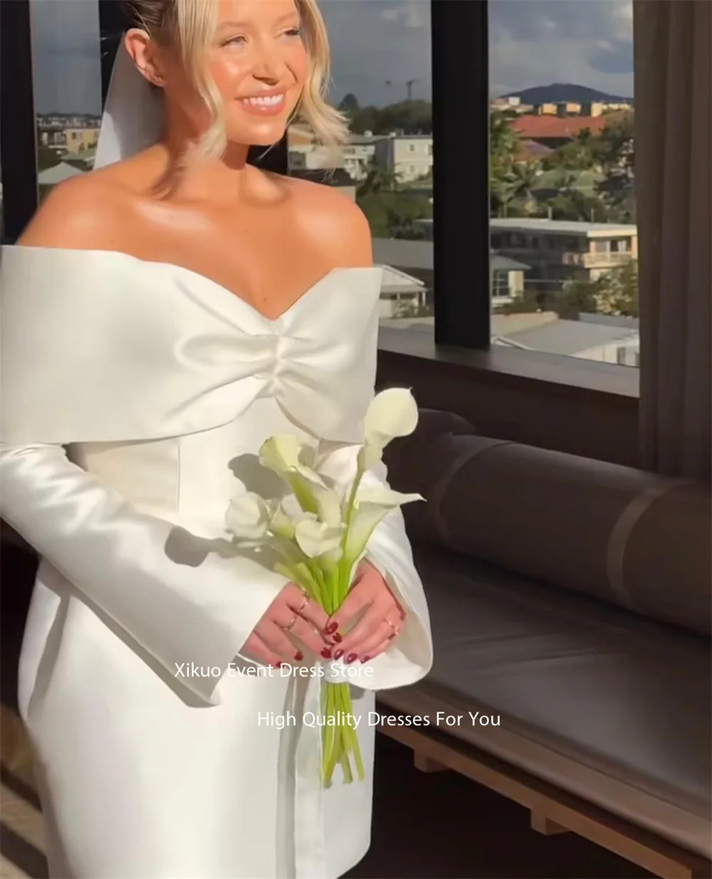 فساتين زفاف Xikuo بدون أكتاف مدنية أنيقة بفيونكة فساتين سهرة بسيطة الطول رداء De Soiree De Mariage مخصص