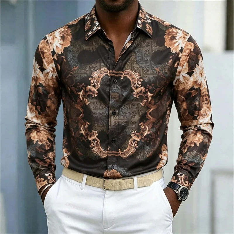 Men's Shirt Long Sleeve Spring Autumn Abstract Bird Floral Glitter Texture Print Lapel Button‑Up Street Business Top Men Clothes