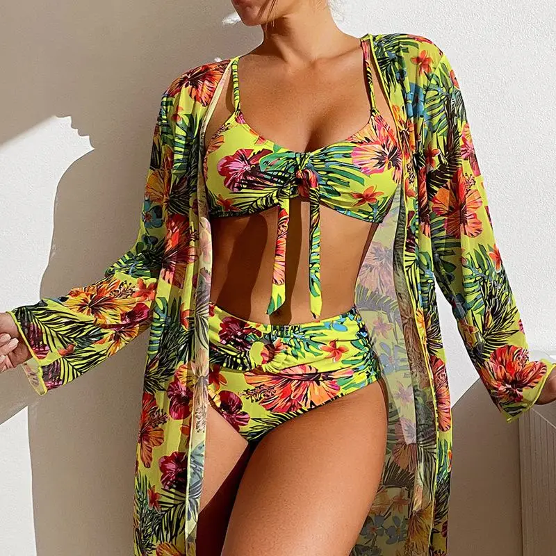 2024 Bikini Sets Three Pieces Floral Printed Swimsuit Women Bikini Set With Mesh Long-Sleeved Bra Top with Pad Swimwear