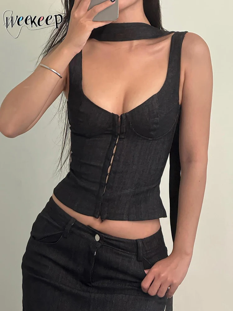 

Weekeep Black Button Up Corset Top Casual Solid Sleeveless Skinny Tank Tops for Women y2k Vintage Clothing Streetwear Basic Vest