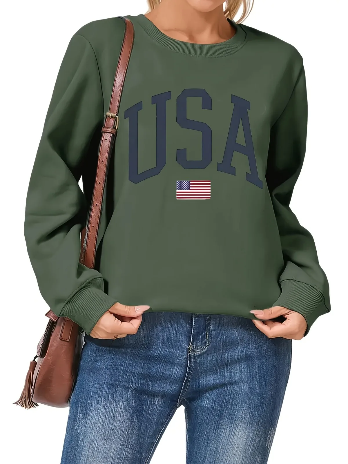 Damska bluza z nadrukiem flagi amerykańskiej, miękka, z okrągłym dekoltem, do prania w pralce, idealna na prezent świąteczny.