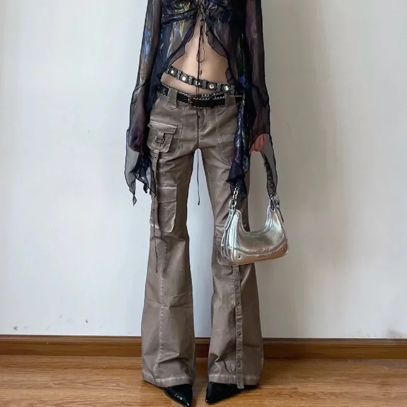 E-girl Grunge Low Waist Flare Pants Vintage Distressed Cargo Pant Wasteland Punk Bell Bottom Jeans American Retro Trouser Y2k