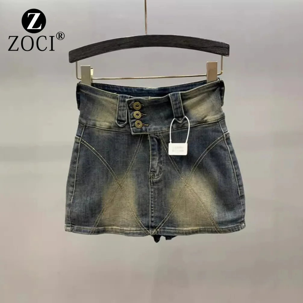 ZOCI tas Denim bergaya antik wanita, tas Denim pinggang tinggi, rok pendek terbuka musim panas setengah ketat