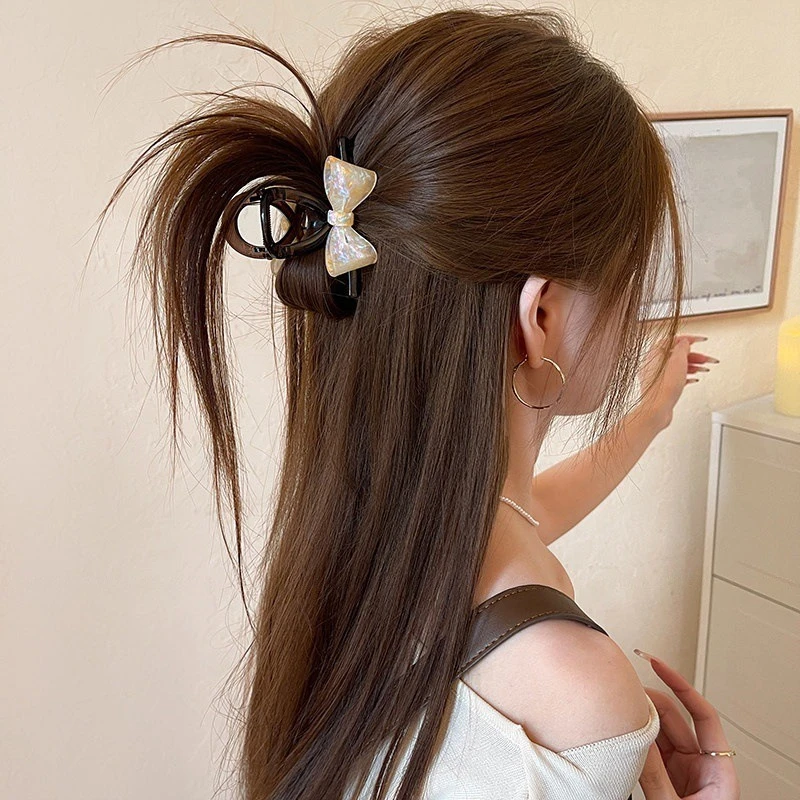 Iridescent Pearlescent Bow Claw Clip, Translucent Mother-of-Pearl Texture, Minimalist Girly Aesthetic Shark Clip