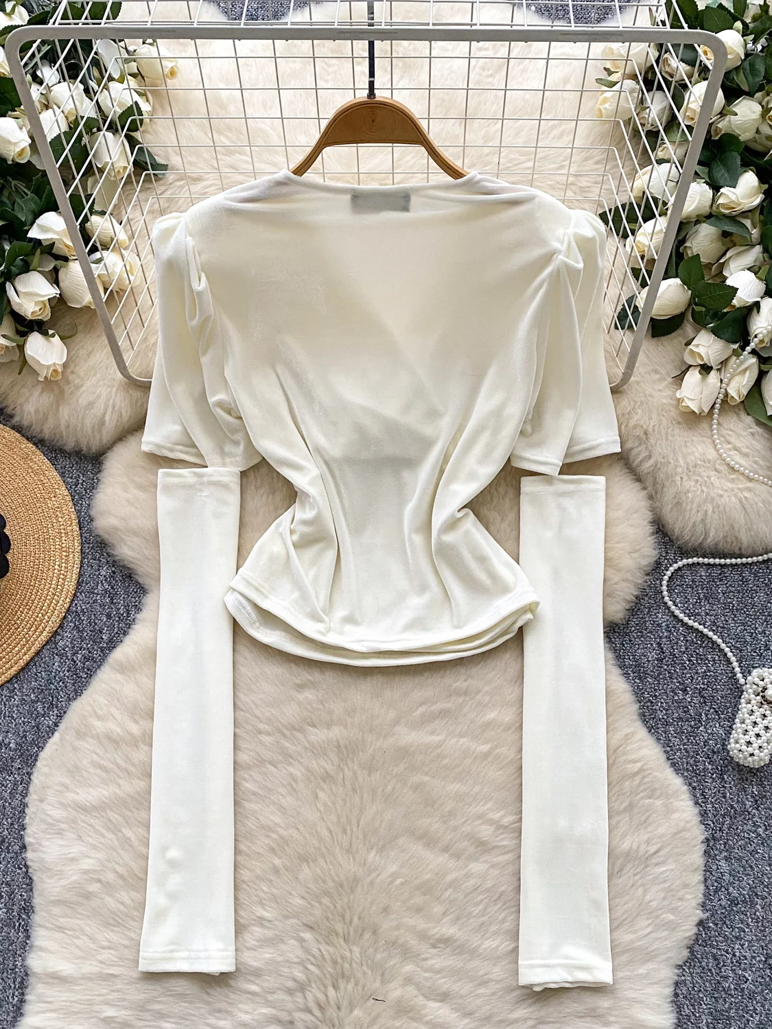 

Velvet ort Sve irt Women's Cross Collar Design Light Maturi Ele Top Trendy Korean Sle Loose Fit Commute Wind