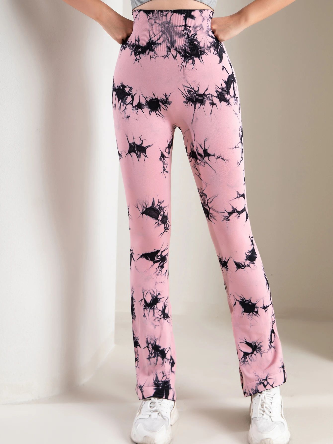 Fashion Perspiration Pink Tie Dye Corded Waist Flare Women High Waist Hip Lift Leggings High Stretch Tight Hip Lift Women