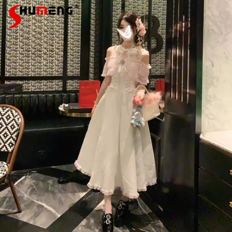 

Original Japanese Sweet Lolita Long Dress Summer Women's Bow Lace Off-Shoulder Cape Sleeve Princess Dress French Elegant Dress