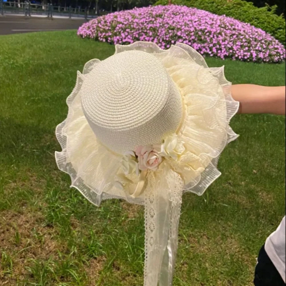 Fresh Handmade Pastoral Straw Hat, Mori Lolita Style with Ribbon Bow & Japanese Lace, Woven Sunshade Cap