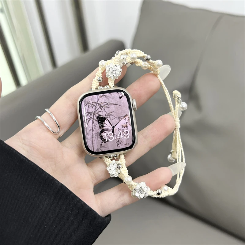 Ins Pearl Flowers Strap For Apple Watch Series 9 8 7 6 SE 4 5 45/44/42mm Woven Nylon Bracelet IWatch Ultra2 49mm 40mm 38mm Woman