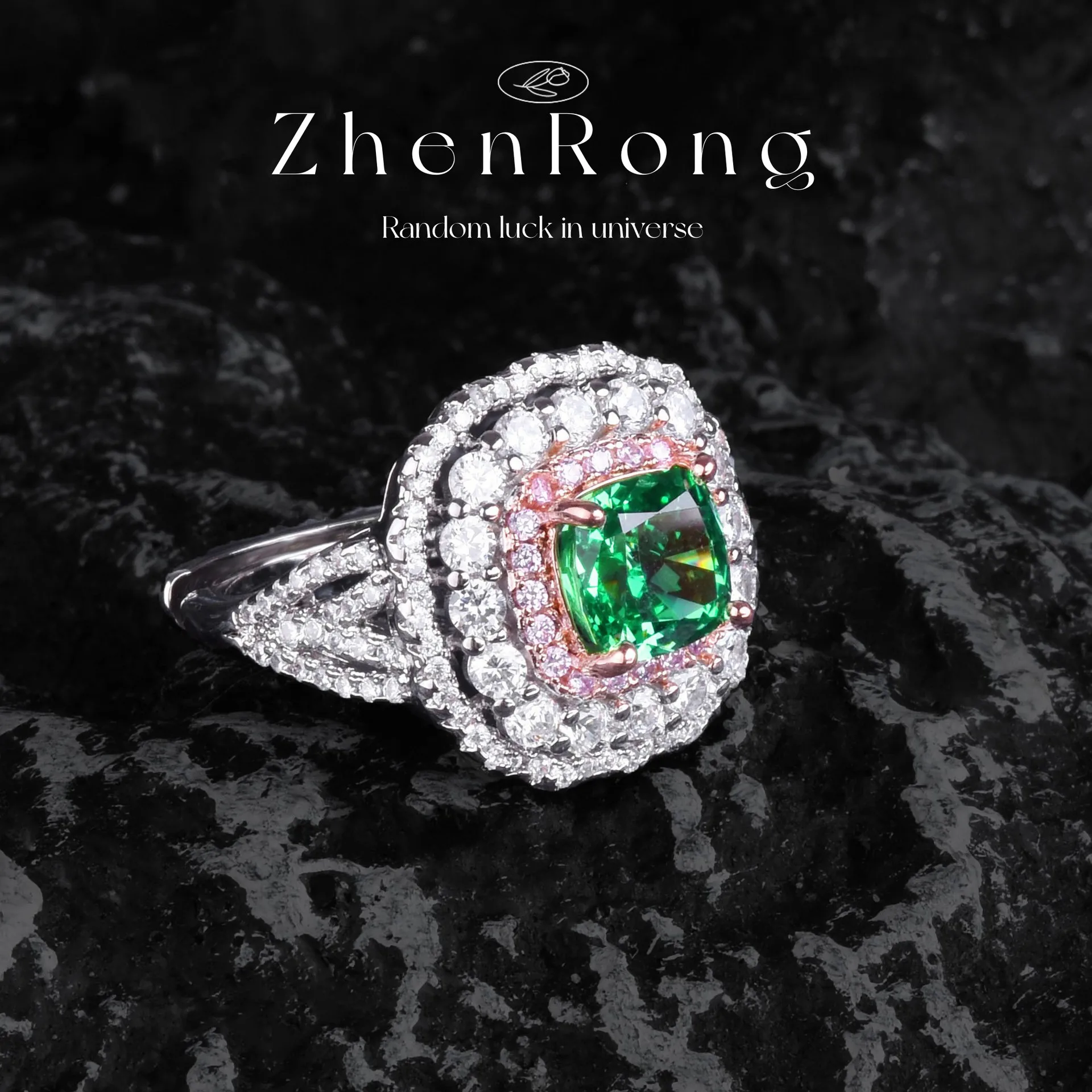 Fashion Entry Luxury Colored Diamond Ice Flower Cut Ring Inlaid with High Carbon Diamond Emerald Zircon Elegant Simple Women