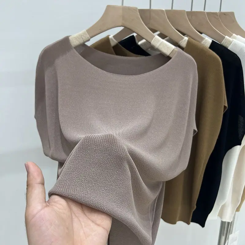 

Loose Knitted Ice Silk ort Sve T-irt Women's Summer Faion Korean Sle round Ne Top Comfortable Breathable Ladies'...