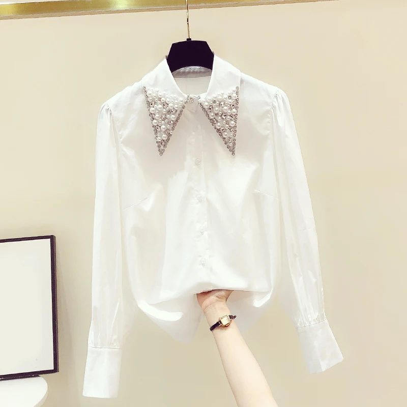 Beaded White Shirts for Women, Loose Tops, Elegant Office Lady Outwear