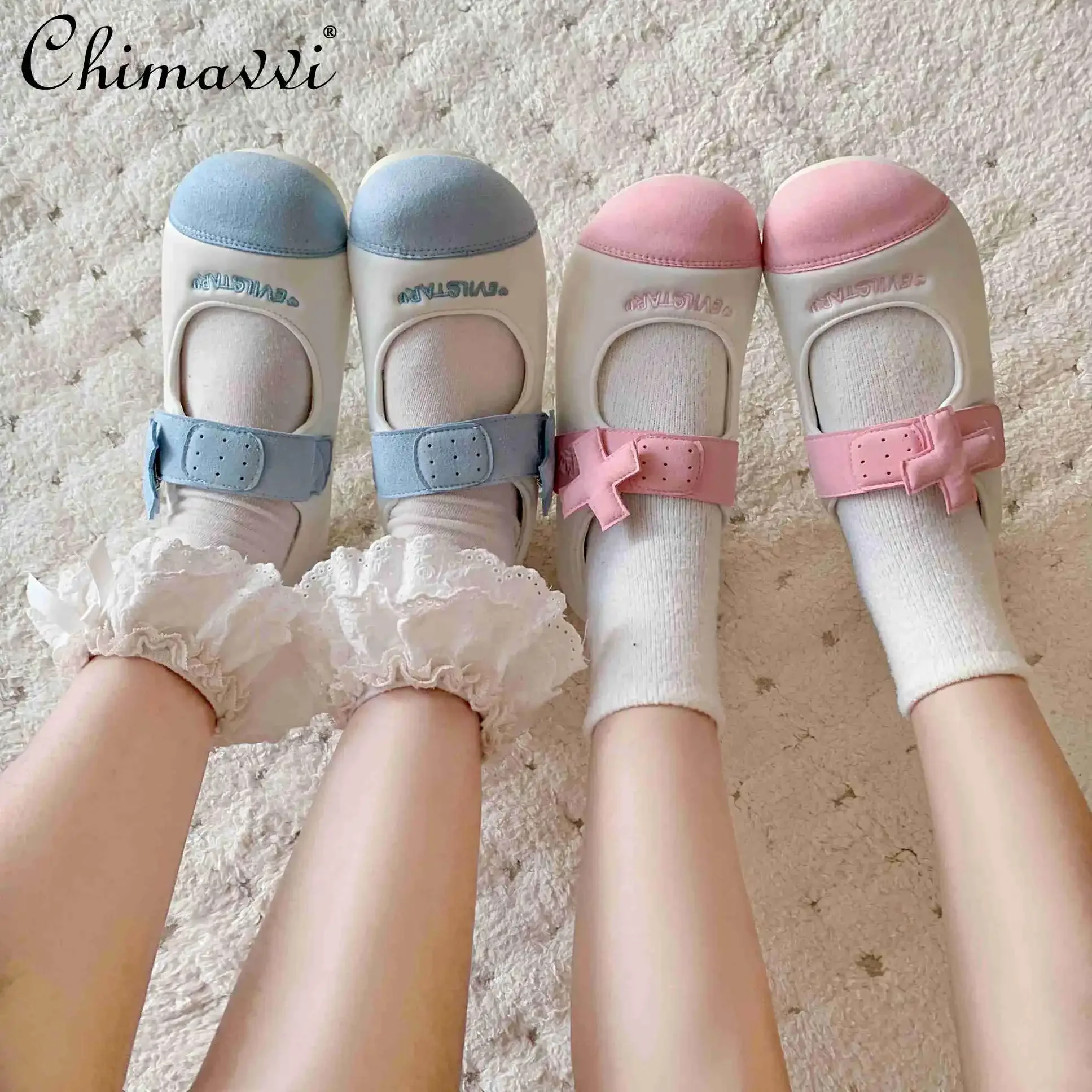 

Original Design Buckle Water Color Pink Cute Flat Shoes Comfortable Mary Jane Japanese Velcro Puff Shoes Student Girls Y2K Pumps