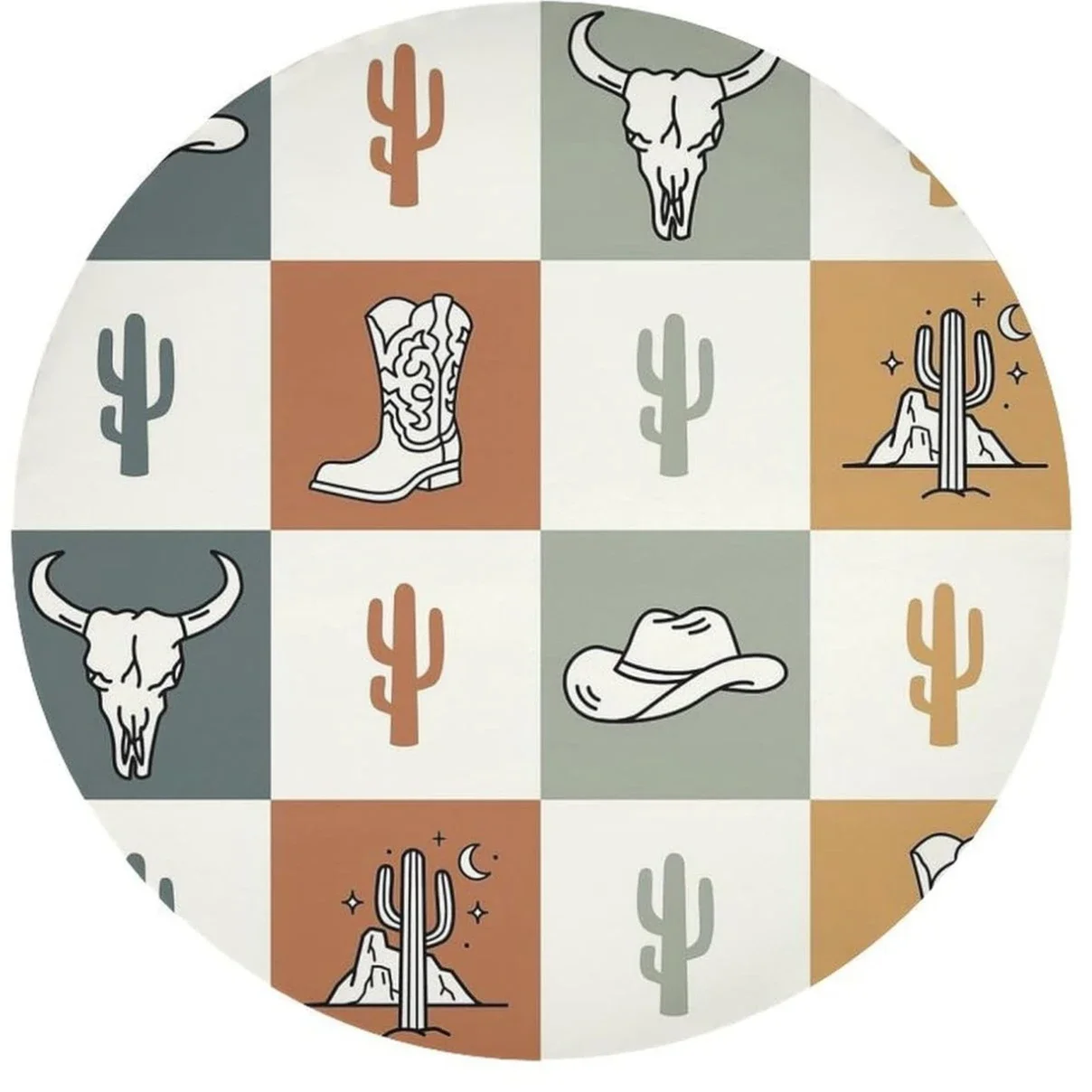Vintage Cowboy Cactus Wild West Circle Tablecloth - Rustic Farmhouse Theme Home Party Dining Kitchen Cover