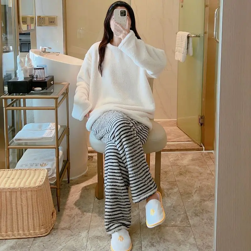 Striped Sleepwear Women Pajama Sets Fleece Korean Piiama Winter Night Wears Long Sleeve Home Suit Warm Casual Sets 2 Pieces New