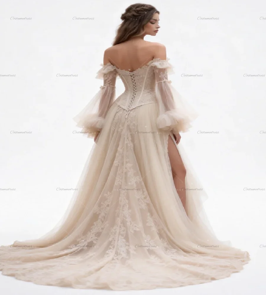 Fantasy Fairycore Woodland Wedding Dress With Slit Forest Elven Boho Bridal Dress With Slit Bell Sleeve Tulle Celtic Bohemian