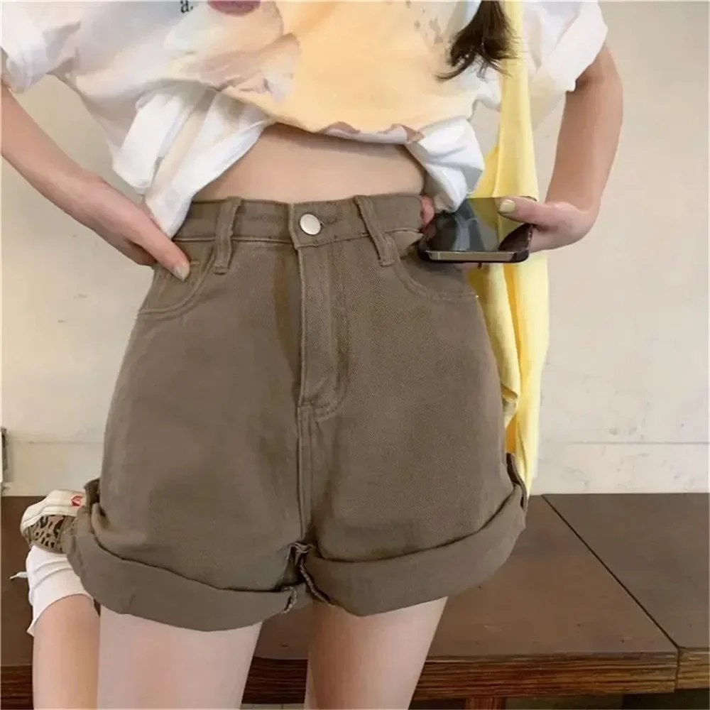 

Brown Rolled Wide-Leg Denim Shorts Women Korean Retro High Waist Casual Jeans Pants Korean Summer Loose A Line Shorts Femme